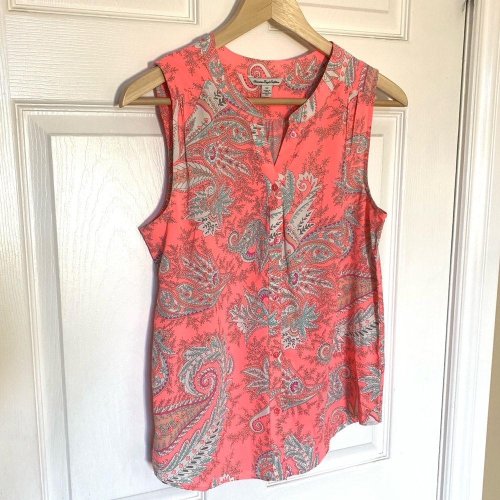 American Eagle Paisley Sleeveless Blouse Pink Coral Gray Boho S